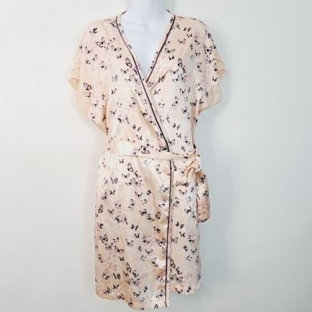 Morgan Taylor Satin Blush Butterfly Print Lace Trim‎ Wrap Dress / Robe Size M